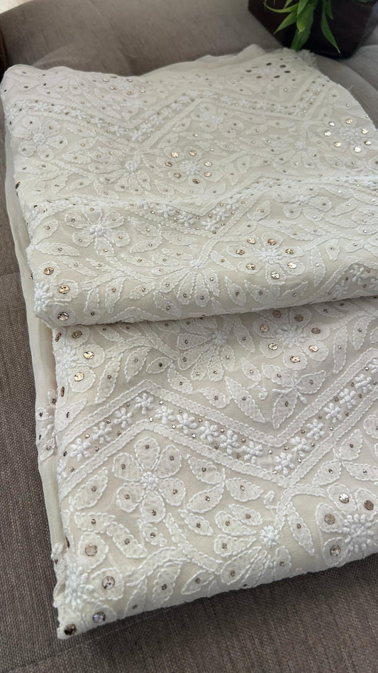 Ivory White Mukaish Chikankari Kurti Fabric (Only Kurti)