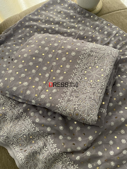 Grey Front And Back Chikankari Suit With Embroidered Dupatta Suits