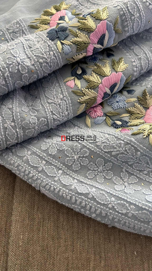 Greyish Powder Blue Chikankari Parsi Gara Daman Suit (Kurta & Dupatta) Chikankari Suits