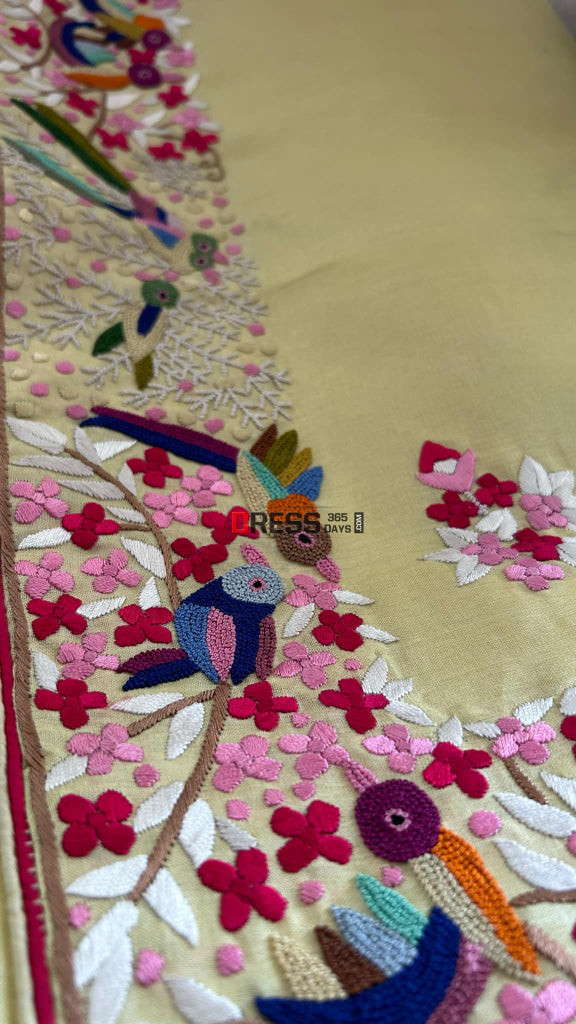 Hand Embroidered Lemon Yellow Tussar Silk Parsi Gara Saree Parsi Gara Saree