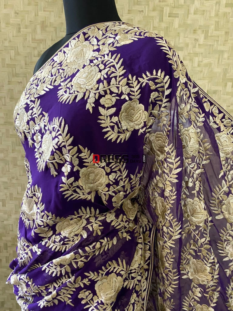 Purple & Ivory Hand Embroidered Parsi Gara Saree