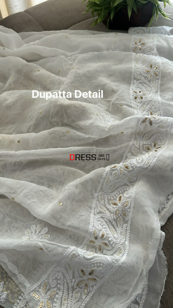 Ivory Golden Sequins & Cut Dana Chikankari Suit (Kurta Dupatta) Chikankari Suits