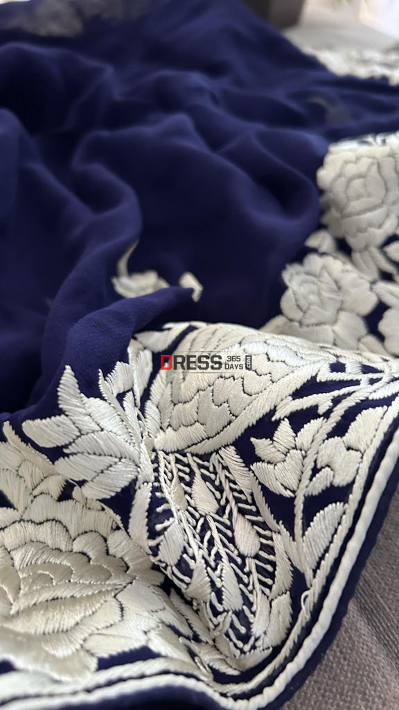 Ivory & Navy Parsi Gara Hand Embroidered Dupatta