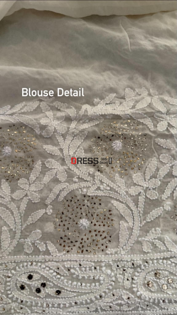 Ivory White Lucknowi Mukaish Saree - Chikankari Saree