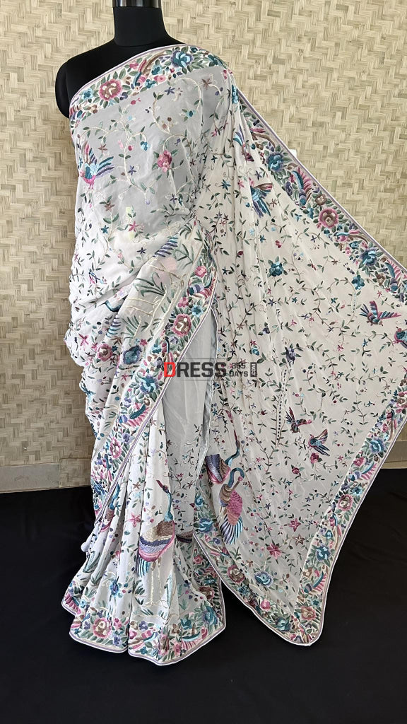 Ivory White Parsi Gara Saree With Multicolour Embroidery