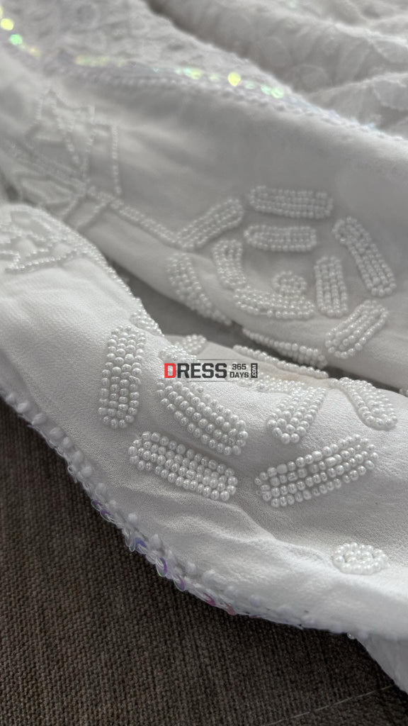 Ivory White Pearl Work And Chikankari Anarkali Suit