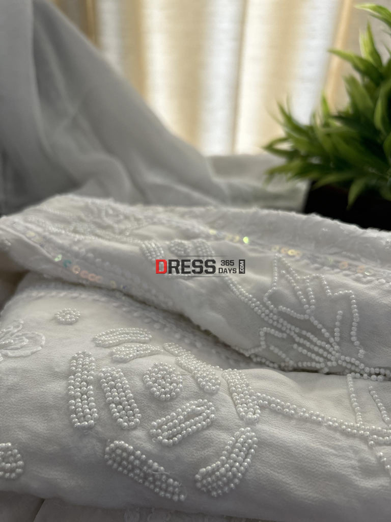Ivory White Pearl Work And Chikankari Anarkali Suit