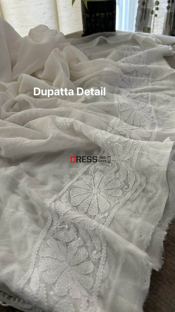 Ivory White Pure Georgette Chikankari Suit (Kurta & Dupatta) - Chikankari Suits