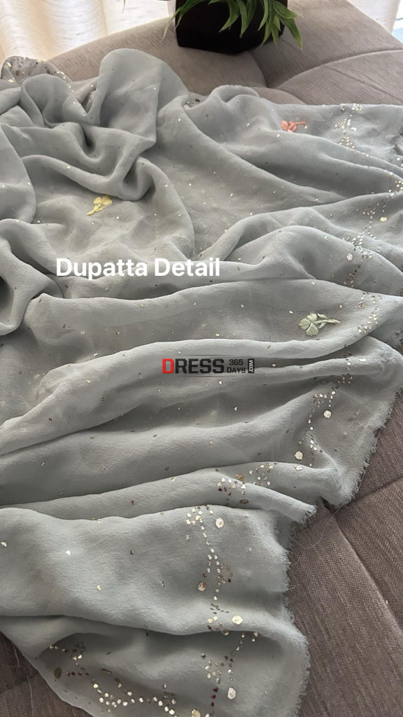 Light Grey Mukaish Suit With Parsi Gara Neckline Chikankari Suits