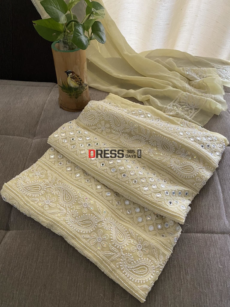 Light Yellow Pearl & Mirror Chikankari Suit Suits