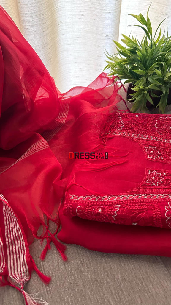 Maroonish Red Organza Chikankari Suit (Kurta & Dupatta) Suits
