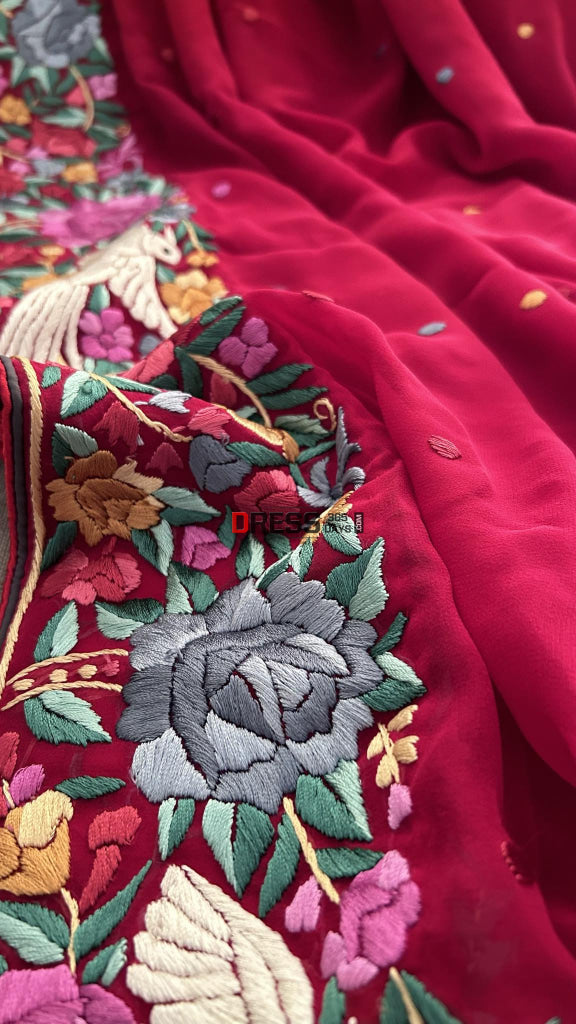 Maroonish Red Parsi Gara Hand Embroidered Dupatta