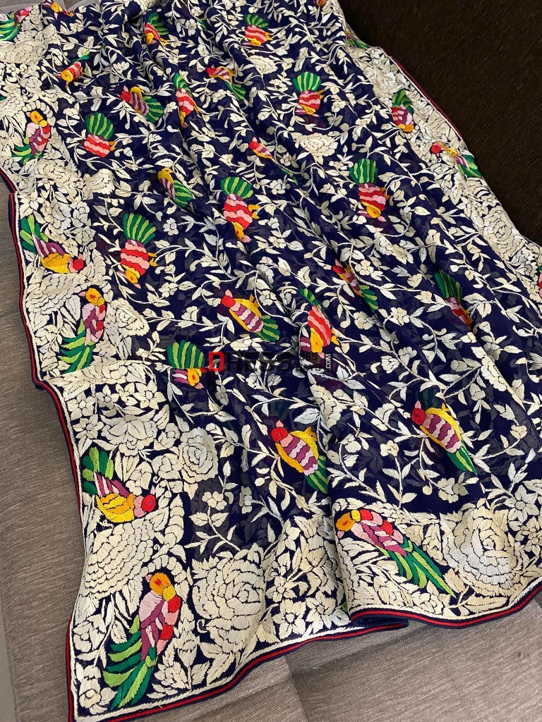 Pre order Masterpiece Navy Blue Multicolour Parsi Gara Dupatta