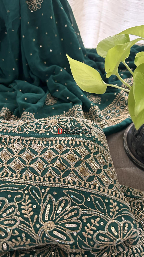 Masterpiece Emerald Green Cut Dana & Sequins Work Chikankari Anarkali Suit Chikankari Anarkali