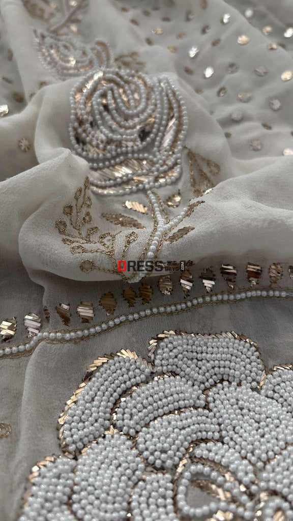 Masterpiece Ivory Partywear Pearl & Mukaish Anarkali Suit Chikankari Anarkali