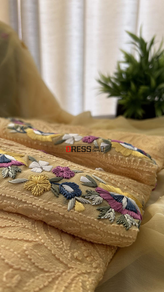 Mustard Yellow Parsi Gara Chikankari Suit Suits