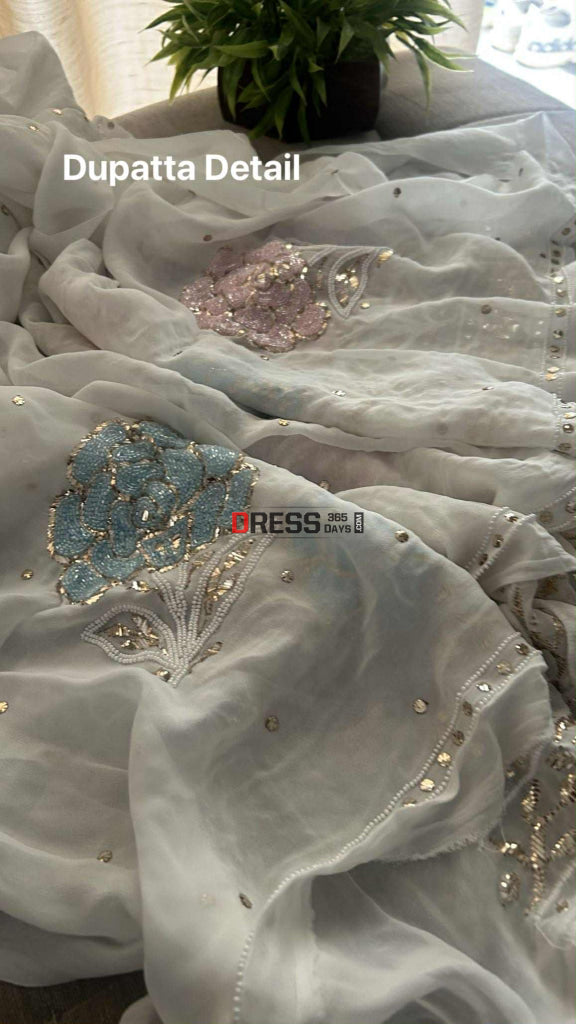 Party Wear Cut Dana Mukaish Kurta Dupatta Set (Viscose Georgette) Chikankari Suits