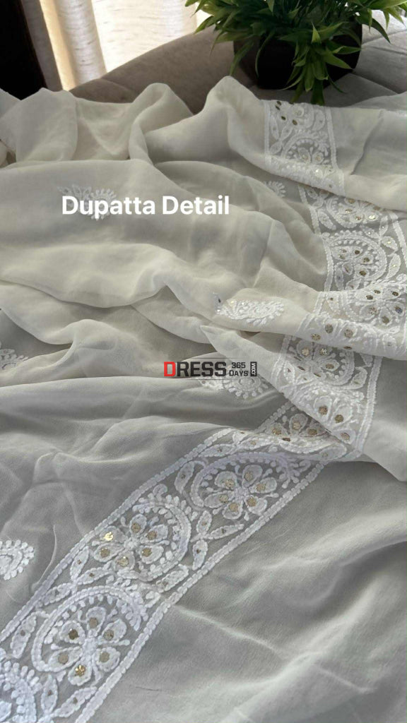 Party Wear Ivory Chikankari Ring Mukaish Suit (Kurta & Dupatta) Chikankari Suits