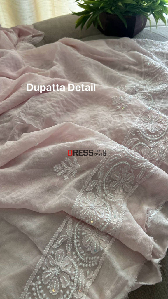 Pastel Pink Pearl & Mirror Chikankari Kurta Dupatta Set Chikankari Suits