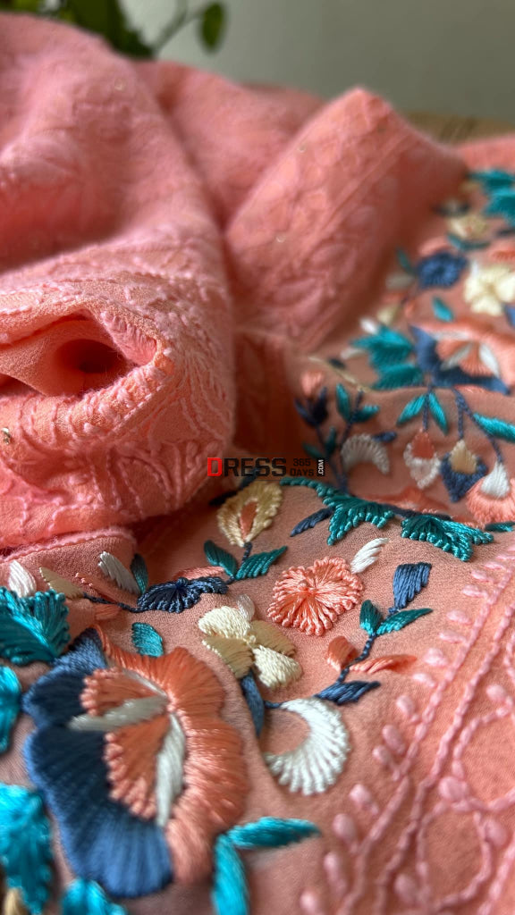 Peach Chikankari Parsi Gara Daman Suit (Kurta & Dupatta) Suits