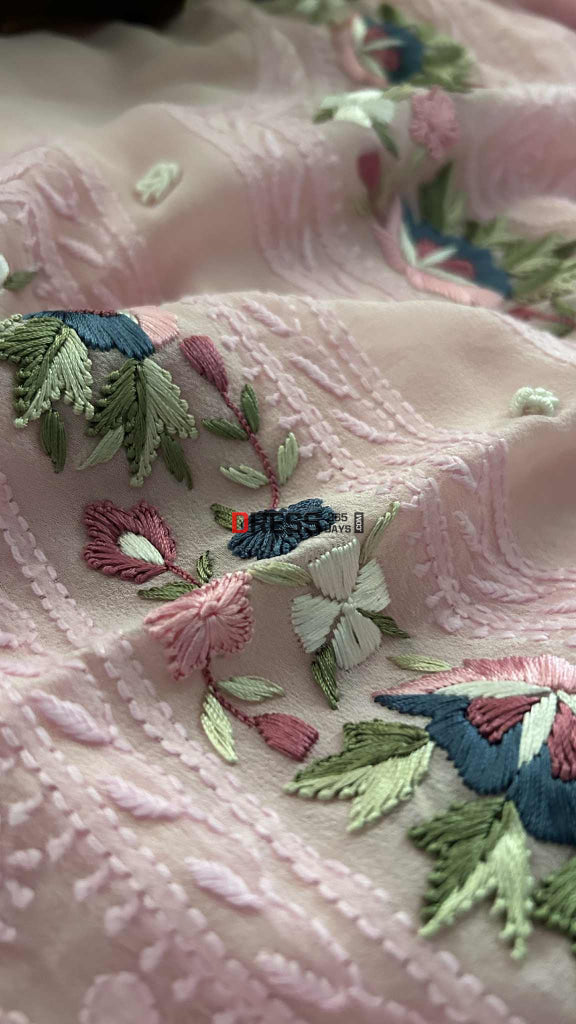 Pink Chikankari Parsi Gara Neckline Suit Chikankari Suits