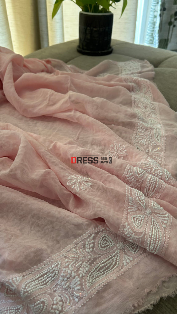 Pink Pearl & Mirror Chikankari Suit (Kurta & Dupatta) - Chikankari Suits