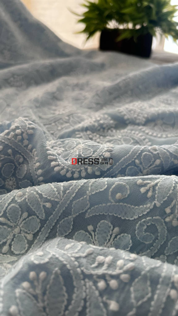 Powder Blue Lucknowi Chikankari Suit (Kurta & Dupatta) Chikankari Suits