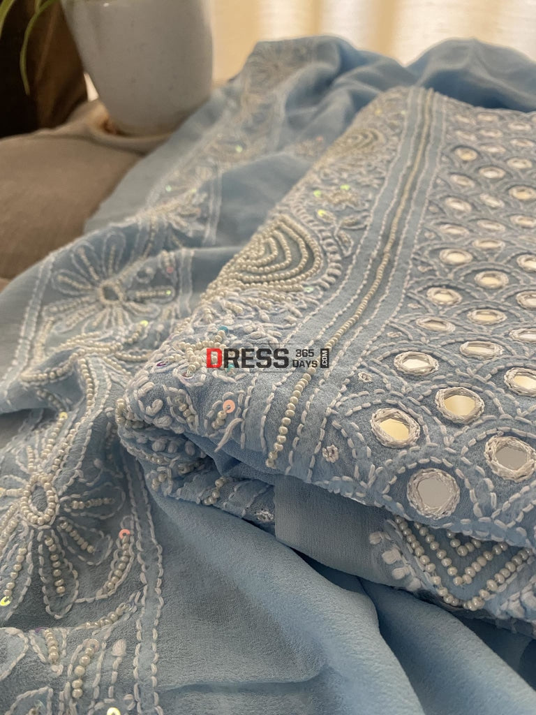 Powder Blue Mirror & Pearl Chikankari Suit Suits