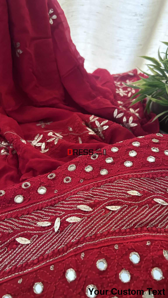 Red Mirror Gota Patti & Zari Work Chikankari Anarkali Suit Chikankari Anarkali