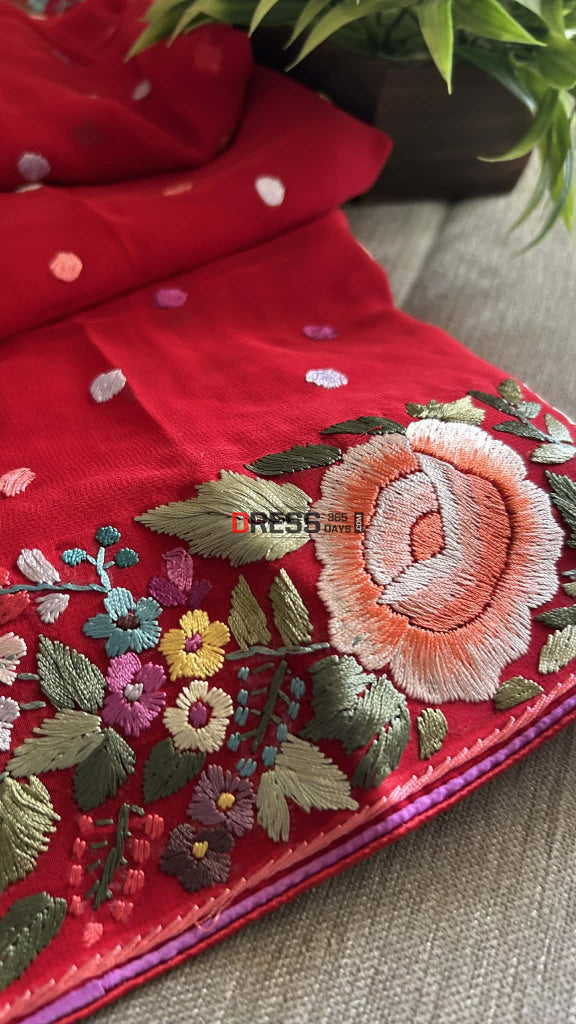 Red Pure Georgette Parsi Gara Dupatta Parsi Gara Dupatta