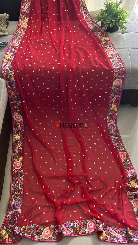 Pre Order Designer Red Pure Georgette Parsi Gara Dupatta