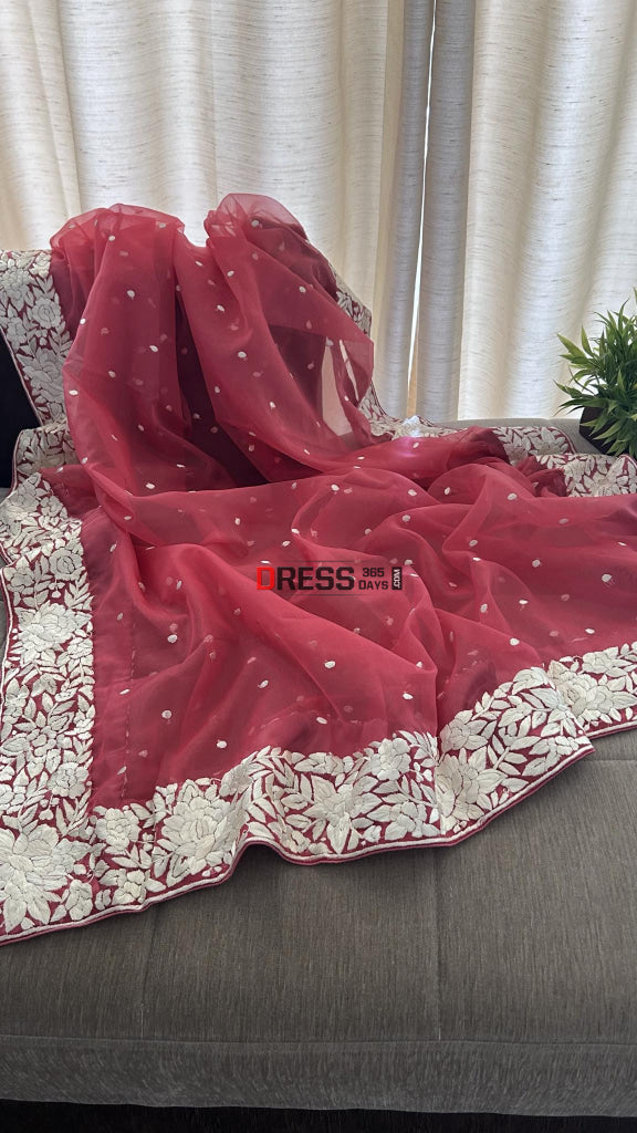 Rose Pink Organza Parsi Gara Hand Embroidered Dupatta