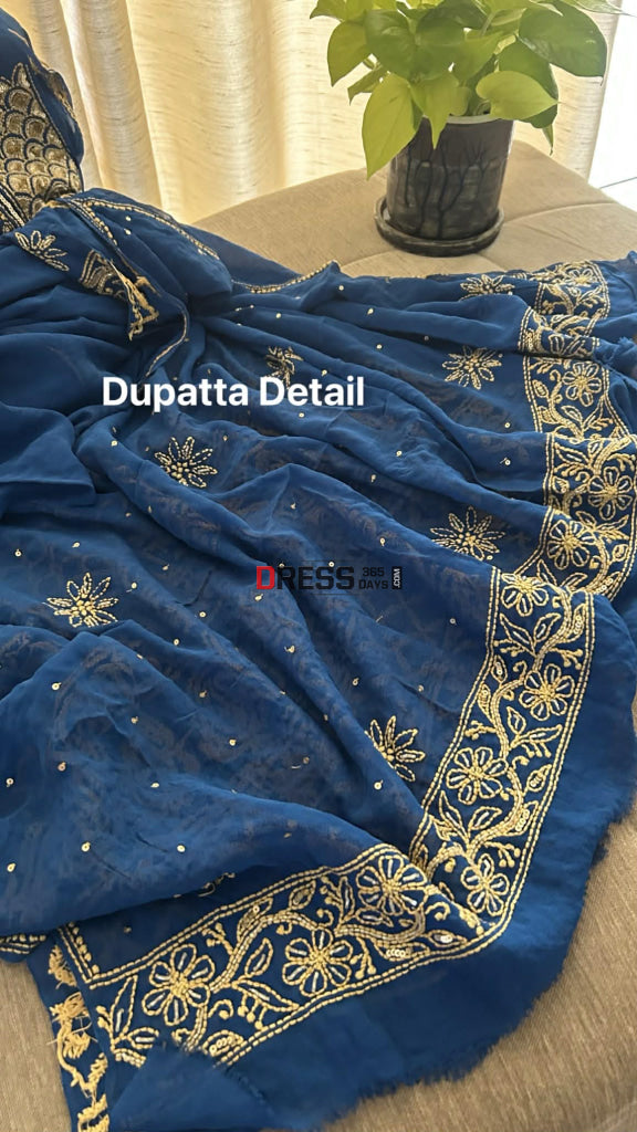 Royal Blue Masterpiece Cut Dana Sequin Chikankari Suit (Kurta & Dupatta) Chikankari Suits