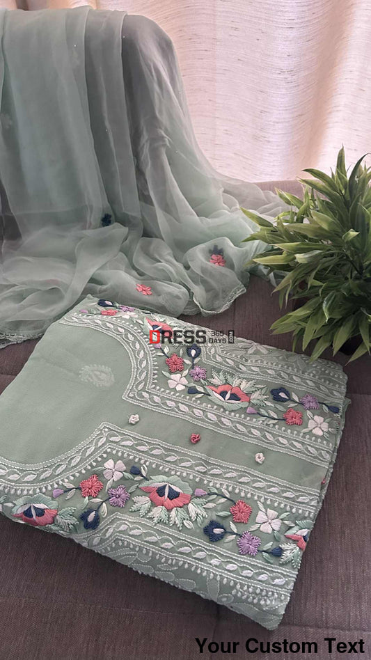 Sage Green Chikankari Parsi Gara Neckline Suit Chikankari Suits