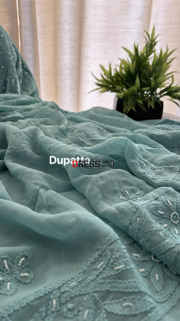 Sage Green Pearl Chikankari Suit (Kurta & Dupatta) Suits