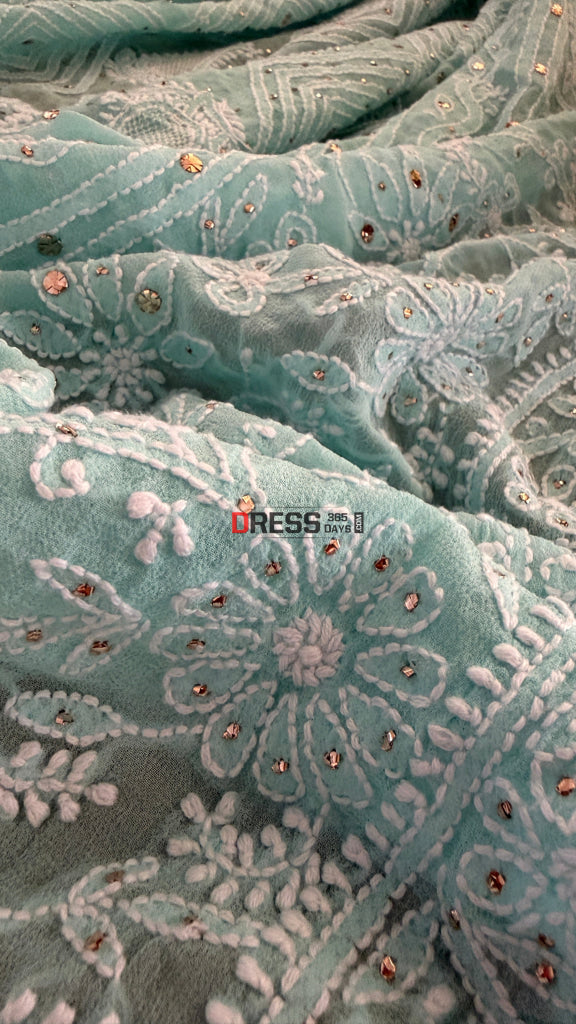Sea Green Hand Jaali Mukaish Chikankari Dupatta - Chikankari Dupatta