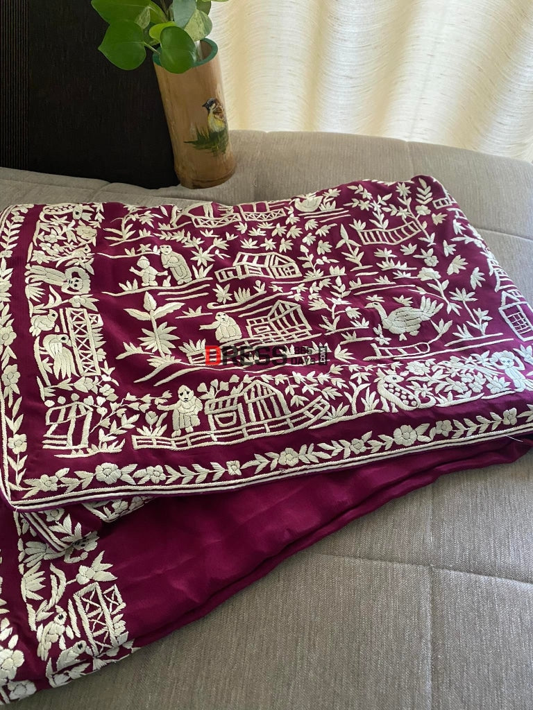 Wine Parsi Gara Hand Embroidered Saree- Crepe Silk Saree
