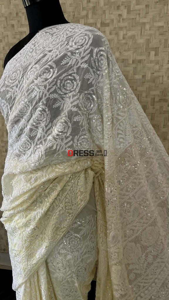 Yellow Ombre Cut Dana Work Chikankari Saree - Chikankari Saree