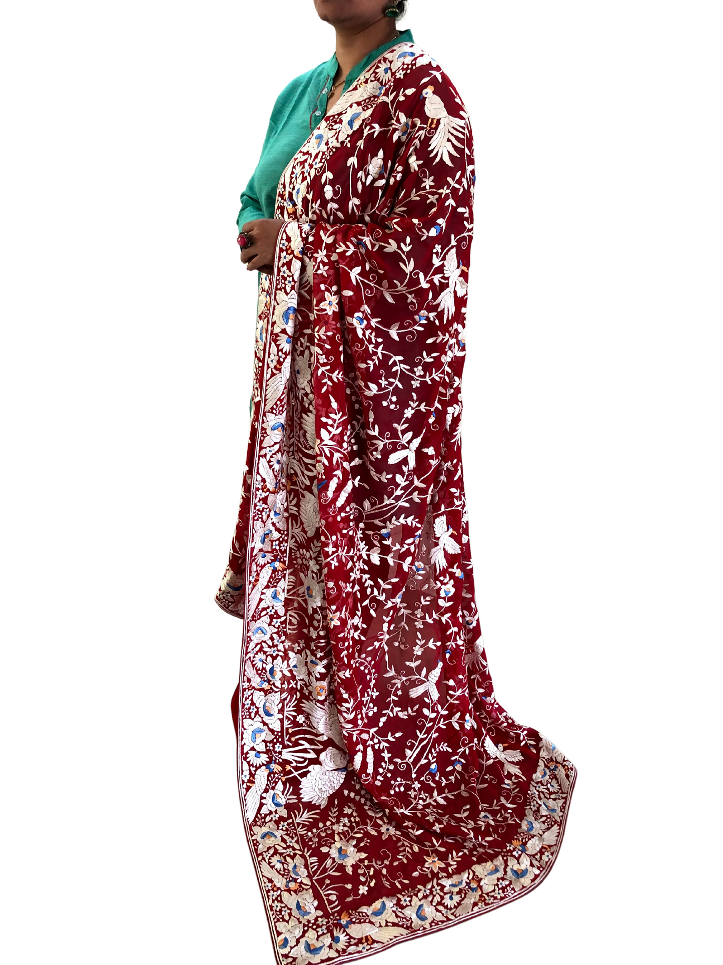 Pre Order Designer Red Parsi Gara Hand Embroidered Dupatta
