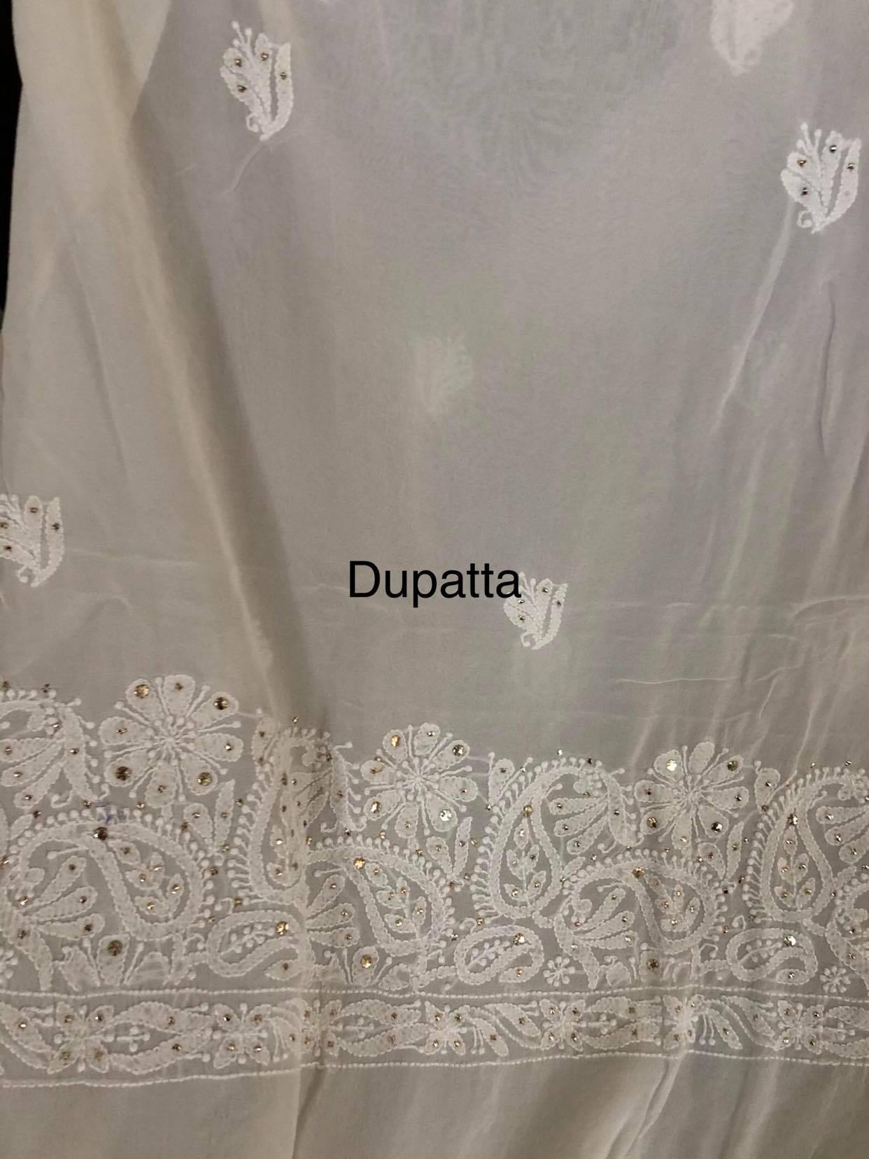 Ivory Kamdani Chikankari Three Piece Suit with Embroidered Sleeves - Dress365days