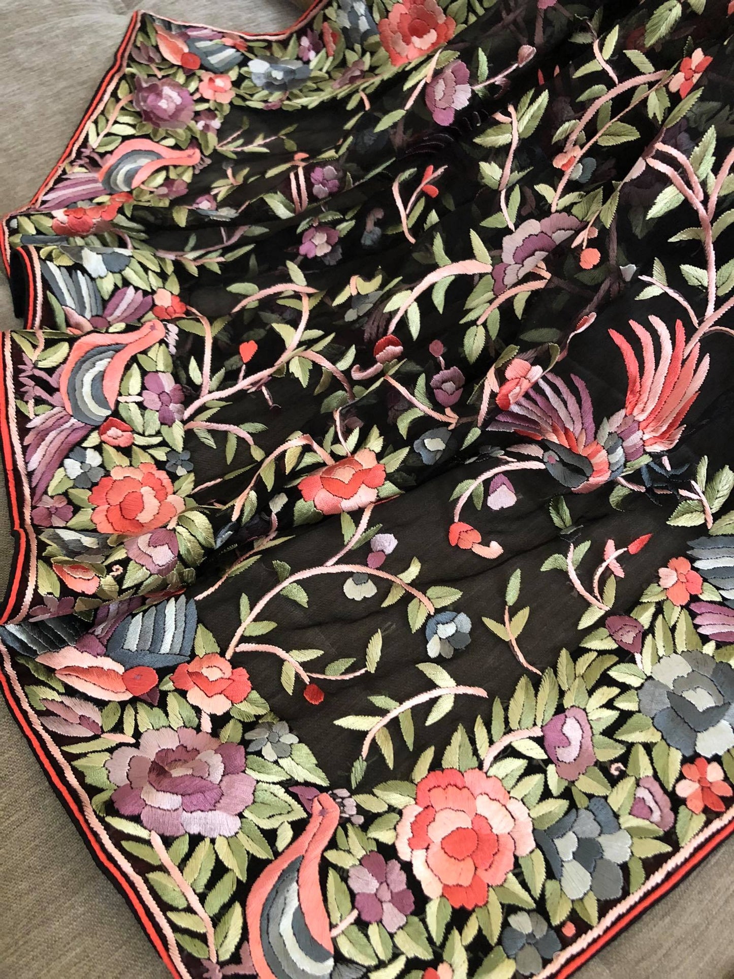 Pre-Order Masterpiece Black Multicolour Parsi Gara Dupatta