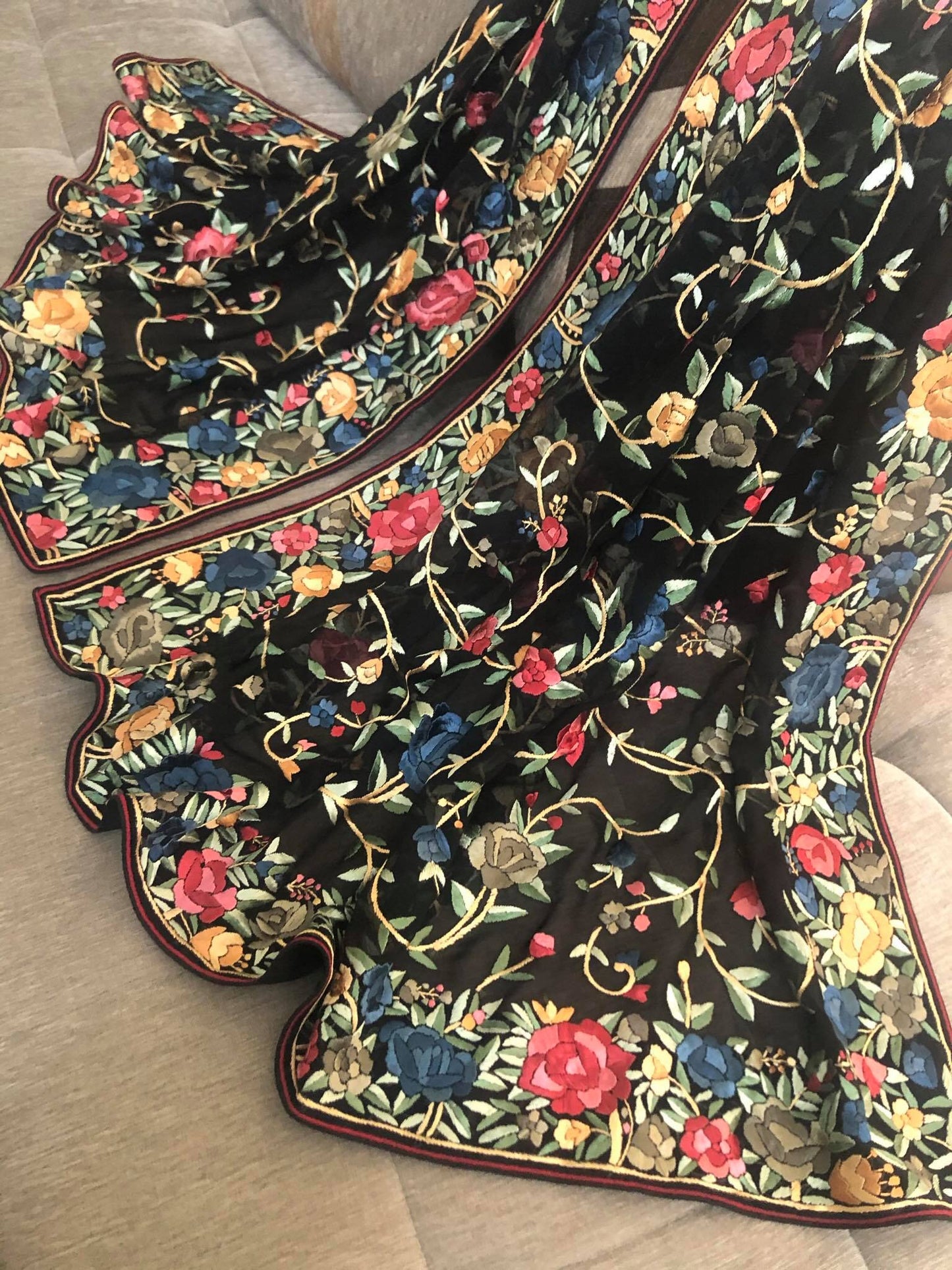 Pre Order Black Floral Parsi Gara Dupatta with Multicolour Embroidery