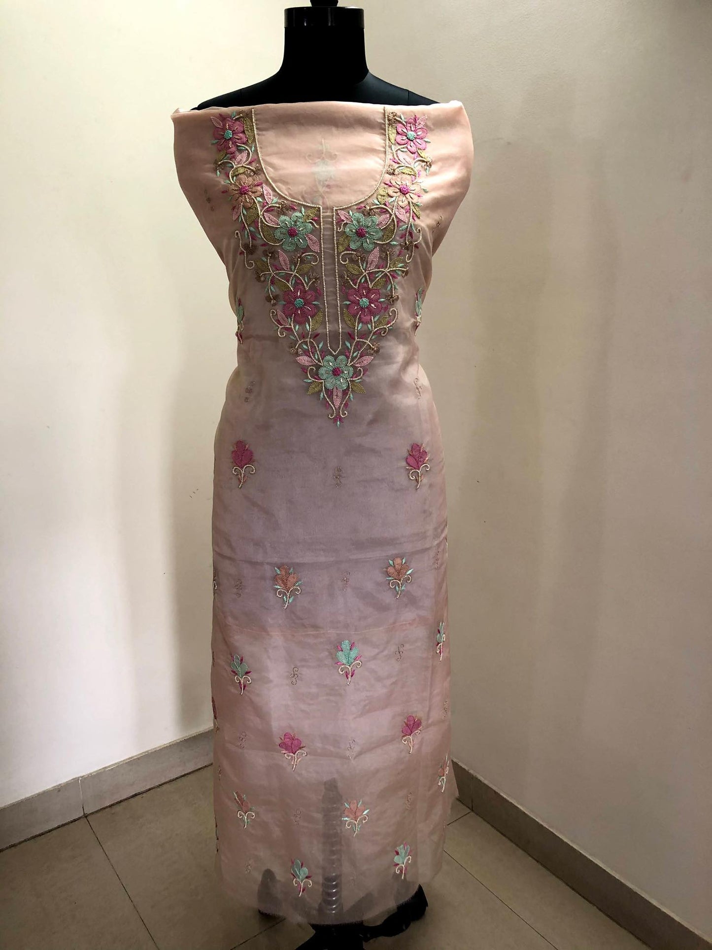 Organza Brown Pearl Chikankari Kurti Fabric