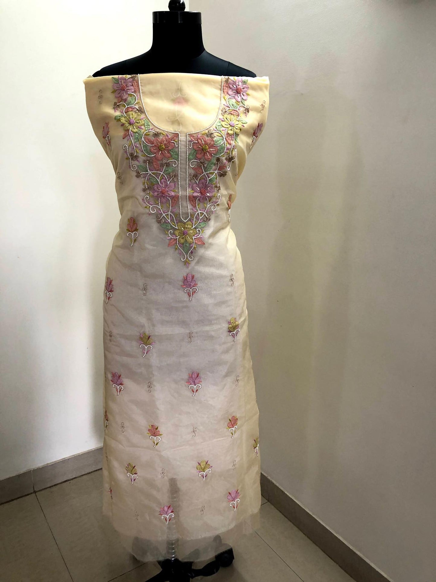 Yellow Organza Chikankari Pearl Kurti Fabric