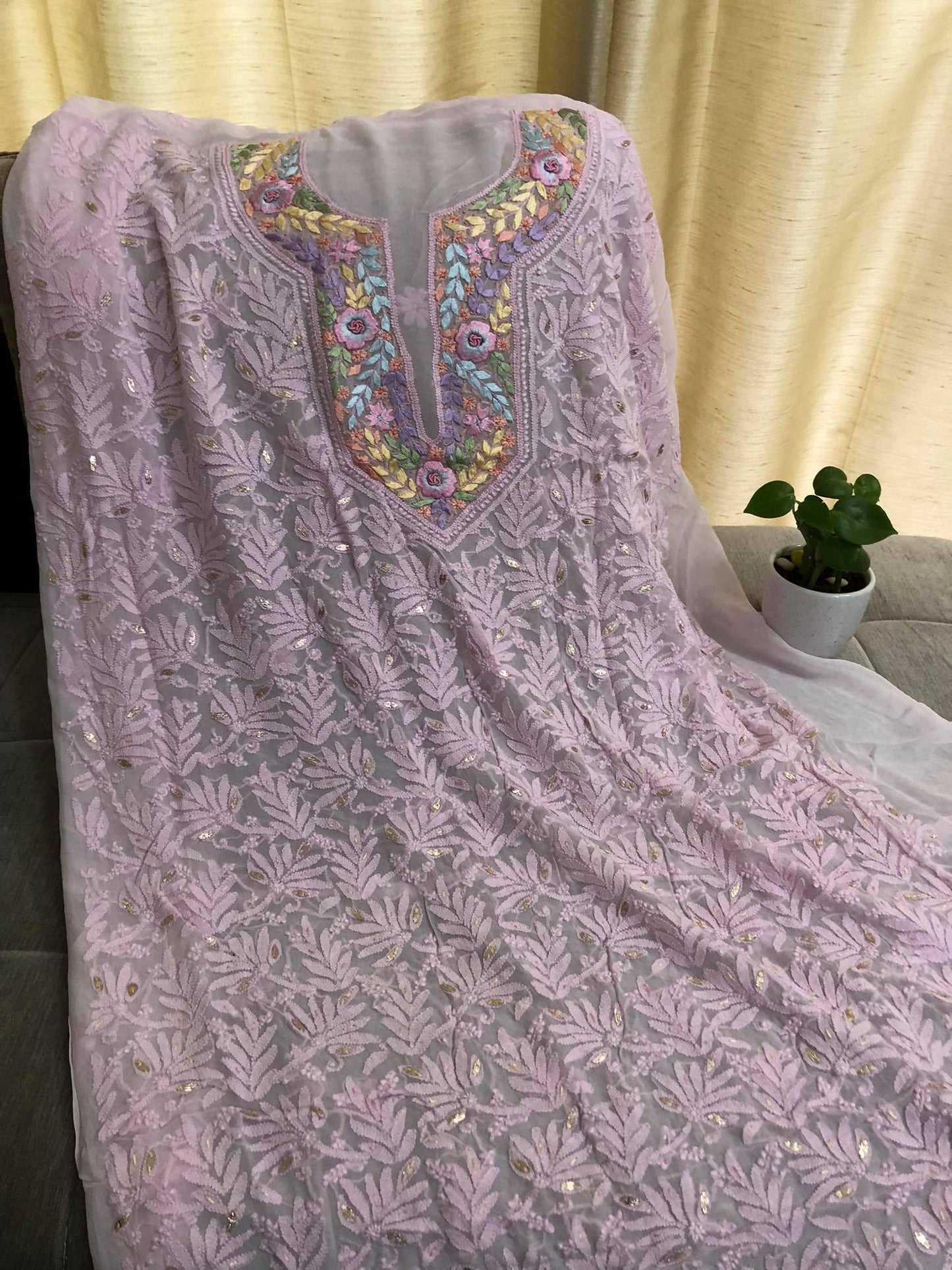 Pink Georgette Neckline Chikankari Kurti Fabric