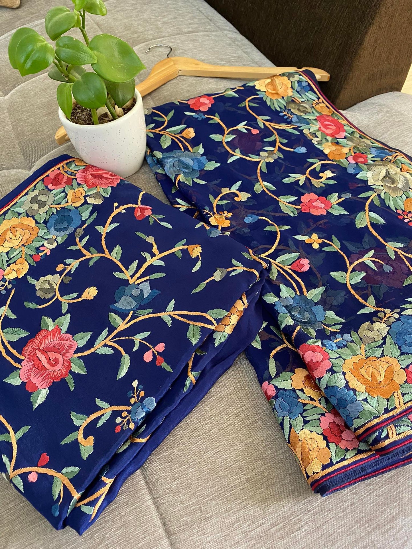 Navy Multicolour Parsi Gara Hand Embroidered Suit (Three Piece)