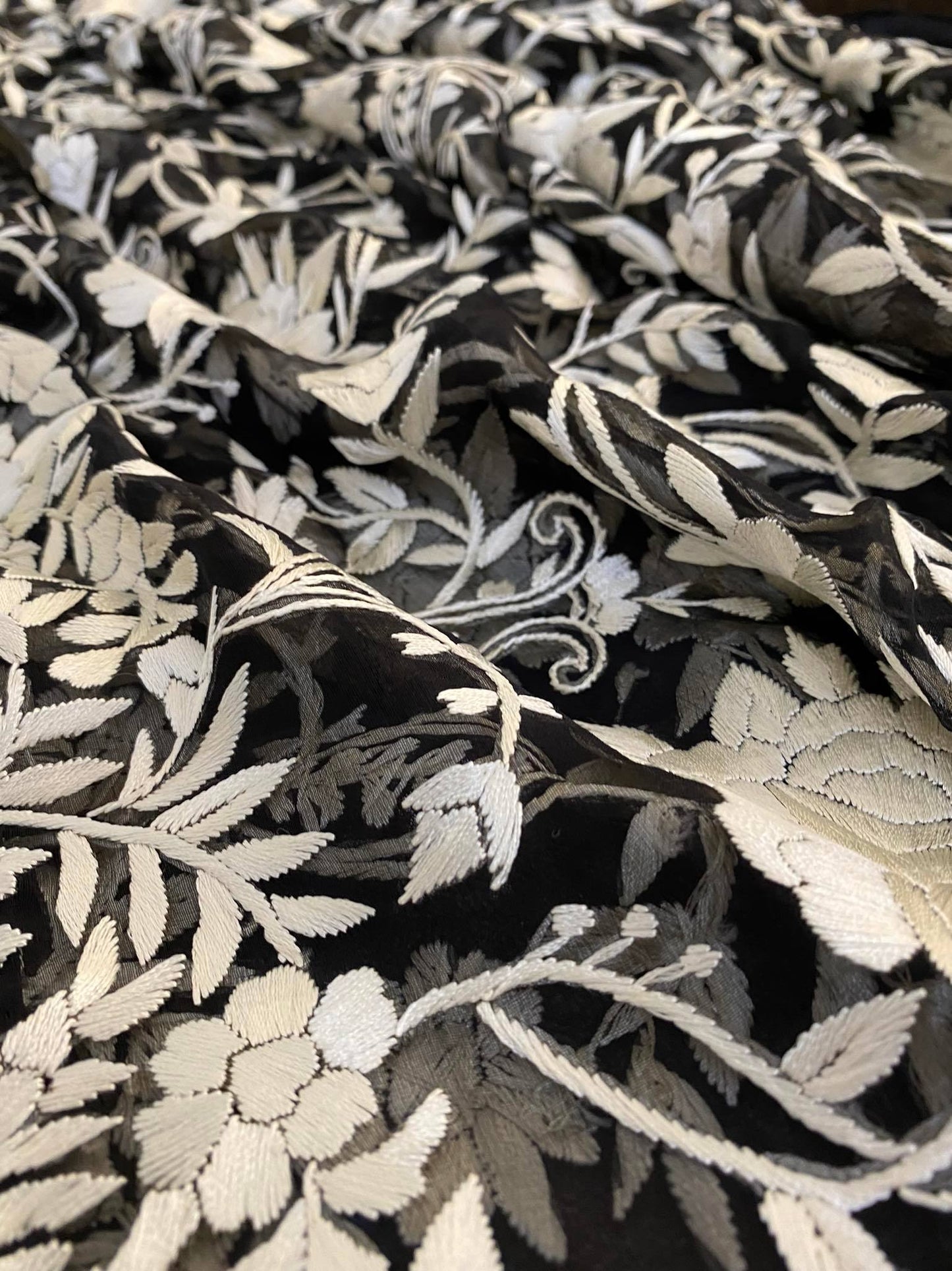 Pre Order Designer Ivory and Black Parsi Gara Hand Embroidered Dupatta