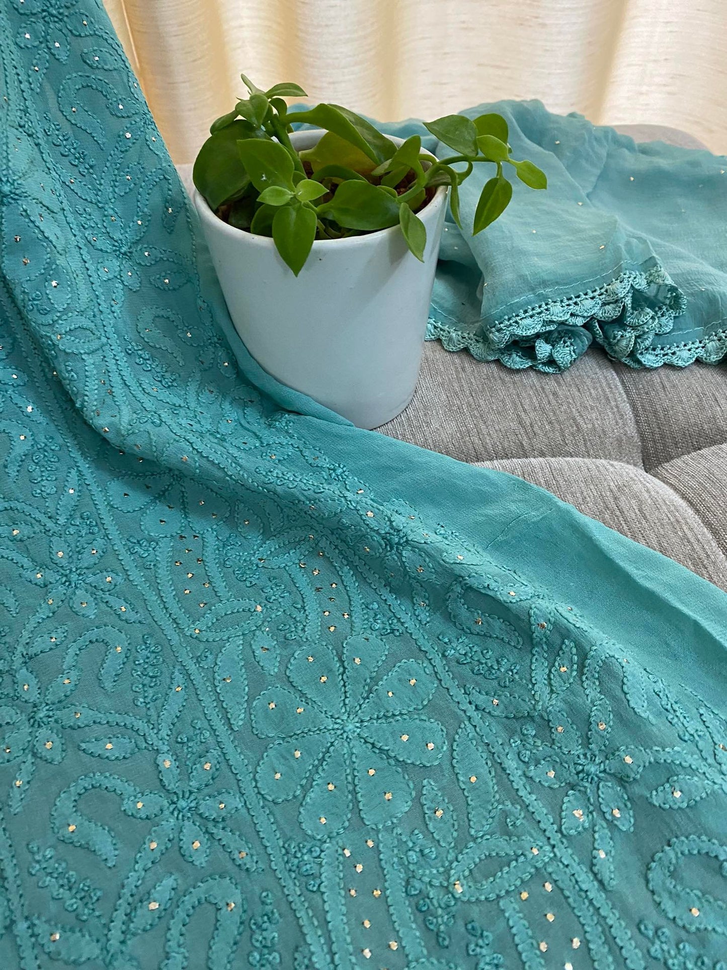 Green Mukaish Neckline Chikankari Kurta Dupatta