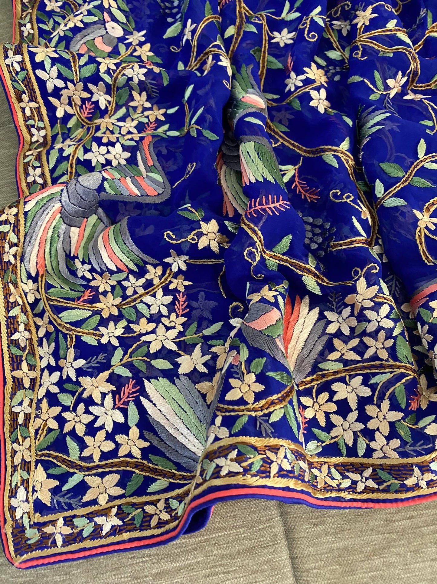 Pre Order Blue-Multicolour Parsi Gara Dupatta
