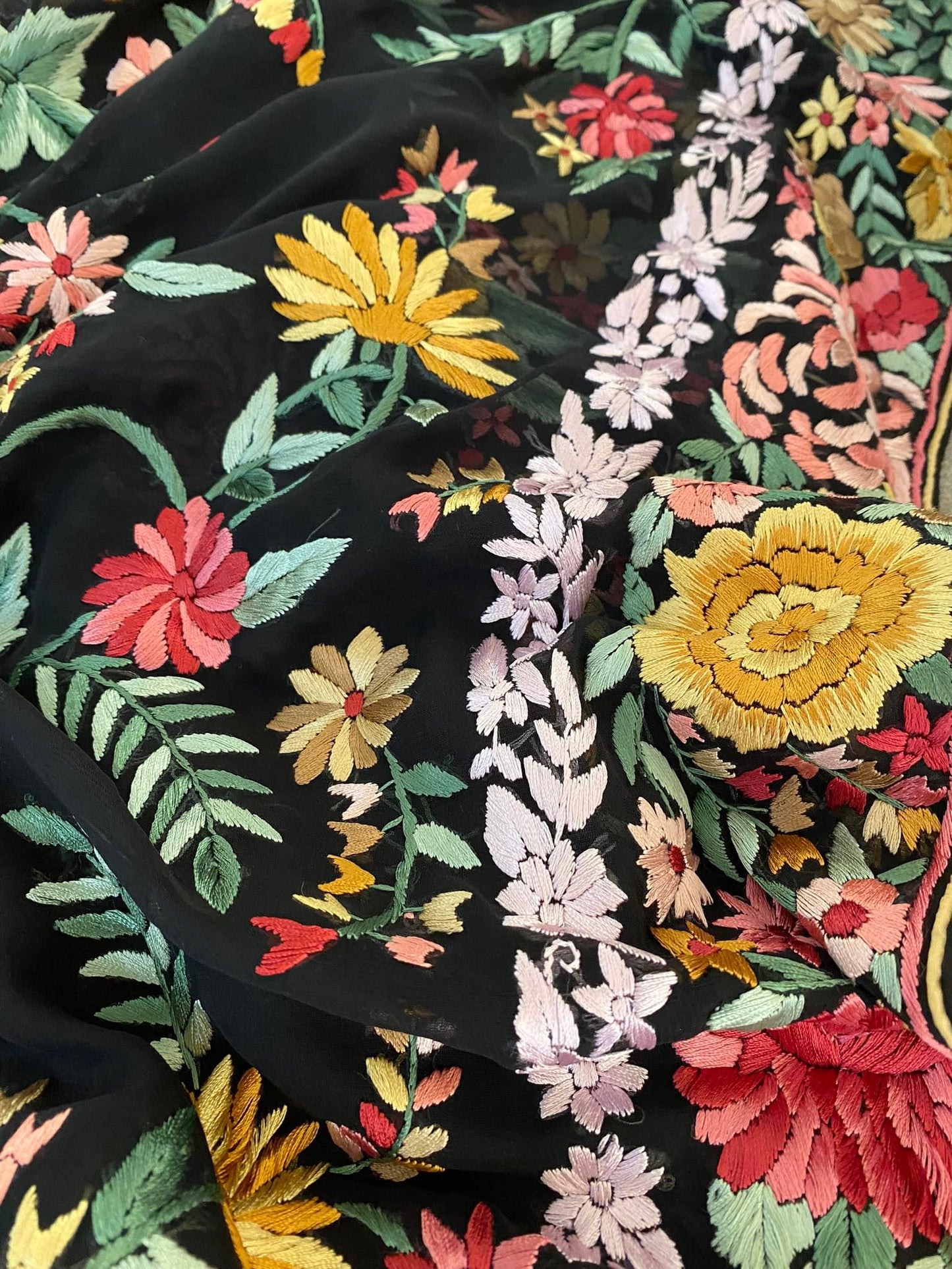 Pre order Black Floral Parsi Gara Hand Embroidered Saree